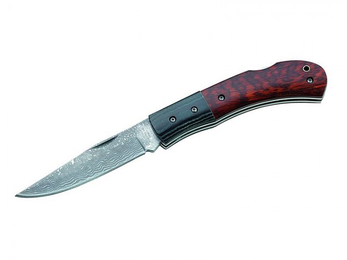 Herbertz Damast-Taschenmesser, 35 Lagen, Hechtklinge Schlangenholz-Schalen, Rückenverriegelung