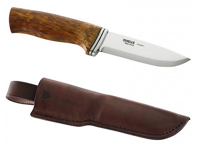 Helle Jagd-/Outdoormesser, Alden, Sandvik 12C27, rostfrei, Birkenholz-Griff, Lederscheide