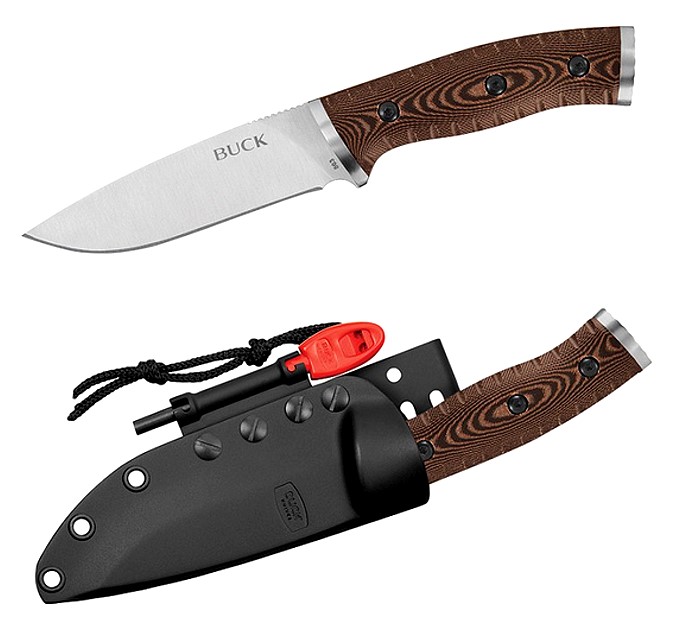 Buck Outdoormesser Selkirk, Stahl 420HC, rostfrei, Micarta-Griffschalen, Feuerstarter, Pfeife, Scheide